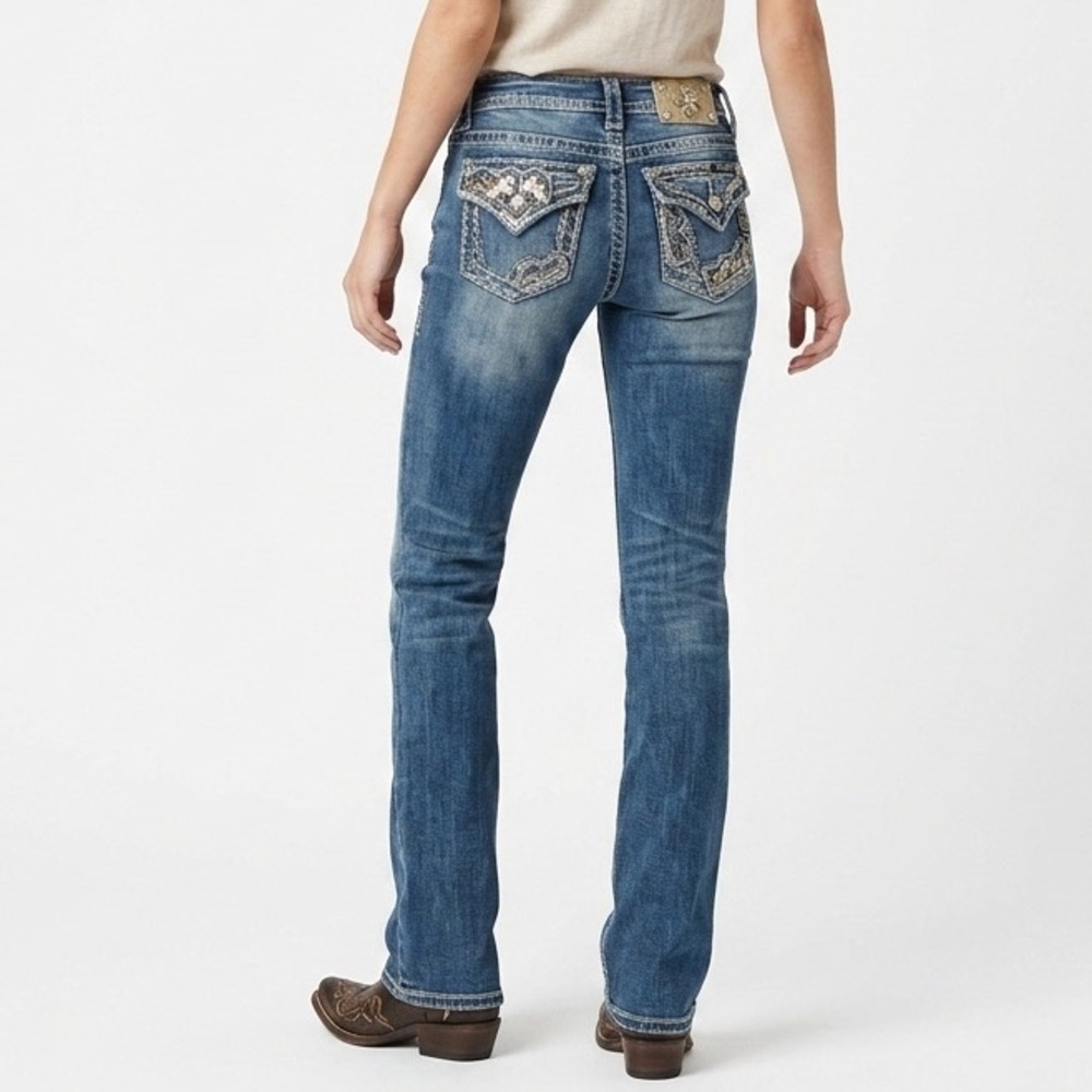 Extra Long MISS ME Relaxed Bootcut Low Rise Jean Rhinestone Sequin Denim FLAW